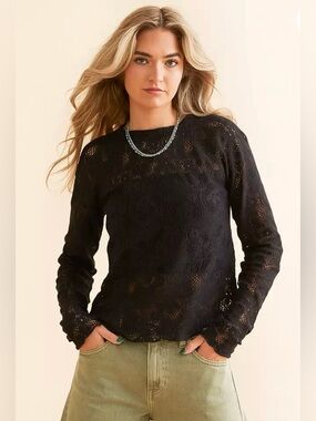Free People Black Lace Knit Long Sleeve Top